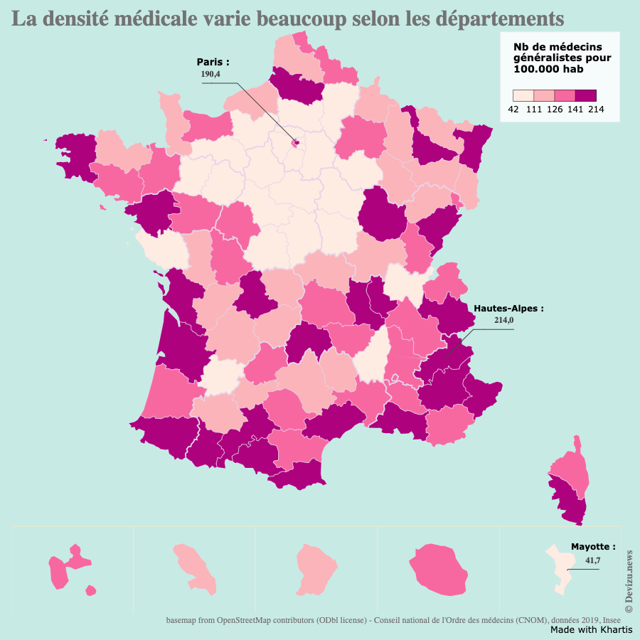 Nombre de médecins généralistes pour 100.000 habitants par département