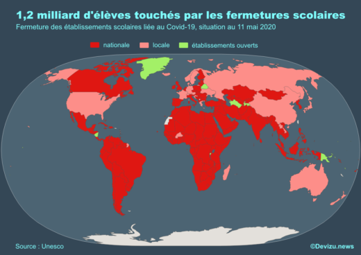 Carte des fermetures d'établissements scolaires dans le monde