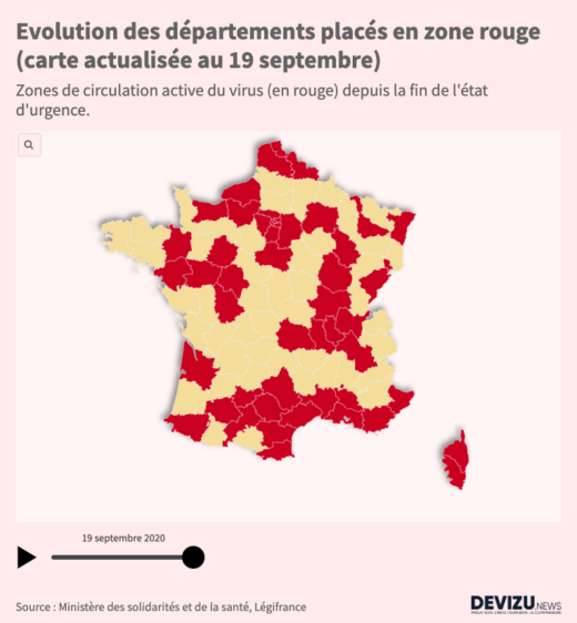 Départements en zone rouge de circulation active du Covid-19 au 19 septembre 2020