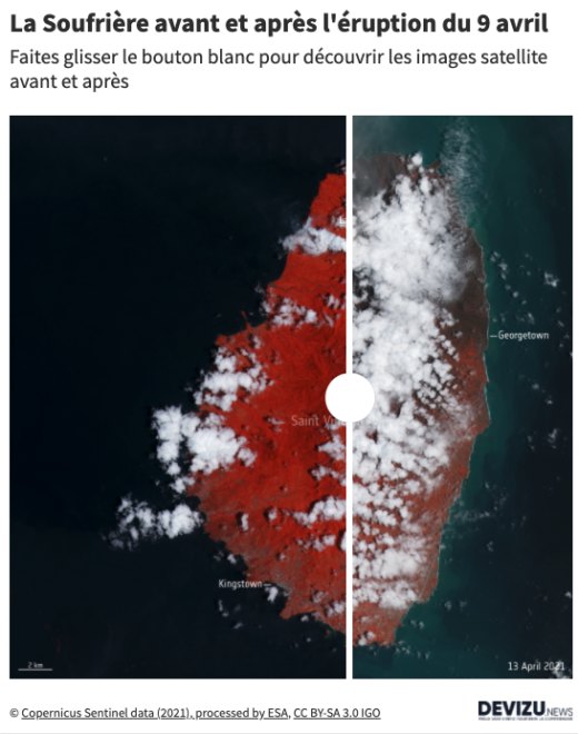 Images satellite du volcan la Soufrière avant et après l'éruption du 9 avril 2021