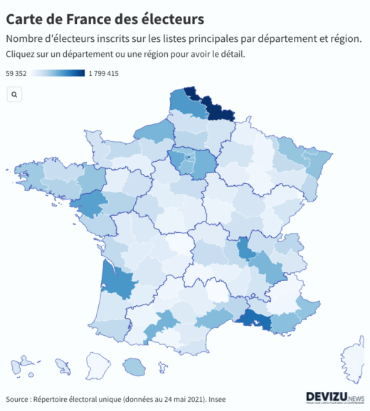 Carte de France des électeurs inscrits sur les listes par département et région en 2021