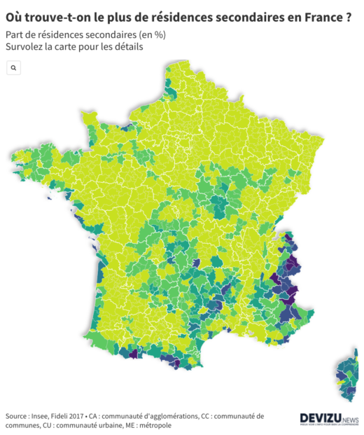 Carte de la densité de résidences secondaires en France