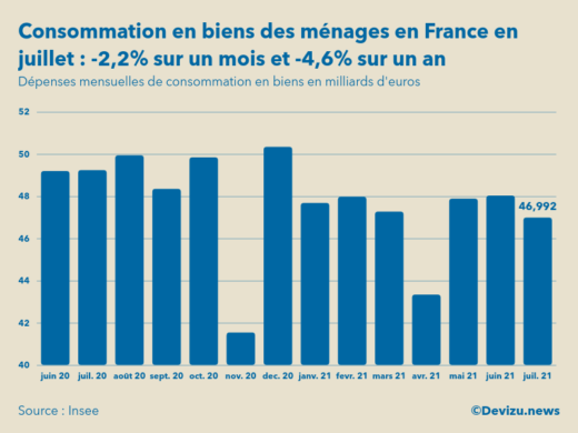 Graphique dépenses mensuelles de consommation en biens des ménages en France en milliards d'euros