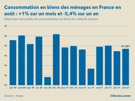 Graphique dépenses mensuelles de consommation en biens des ménages en France en milliards d'euros