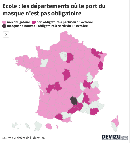 Carte des départements où le port du masque n'est plus obligatoire à l'école 18 octobre 2021
