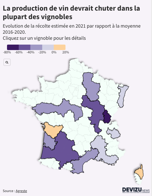 Carte de la production de vin estimée en 2021 par vignoble