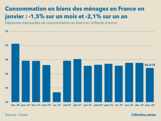 Evolution des dépenses mensuelles de consommation en biens des ménages en France sur un an en janvier 2022