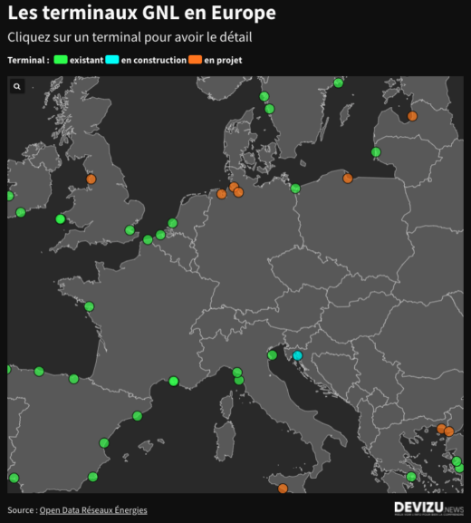 Carte terminaux méthaniers GNL Europe