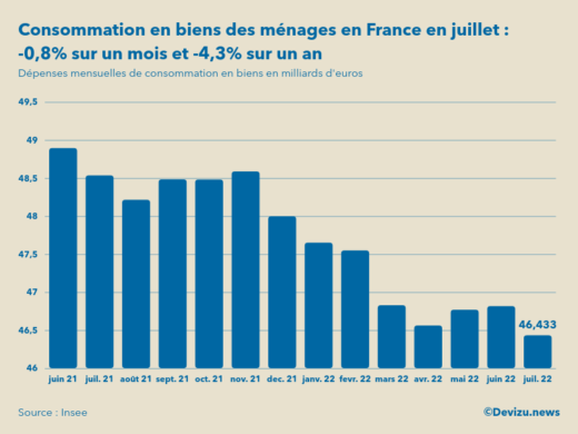 Evolution des dépenses mensuelles de consommation en biens des ménages en France sur un an en juillet 2022