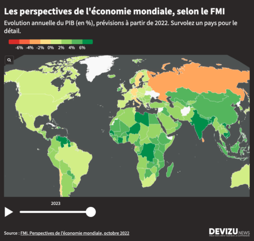 Carte interactive représentant l'évolution de la croissance mondiale du PIB selon le FMI prévisions pour 2022 et 2023
