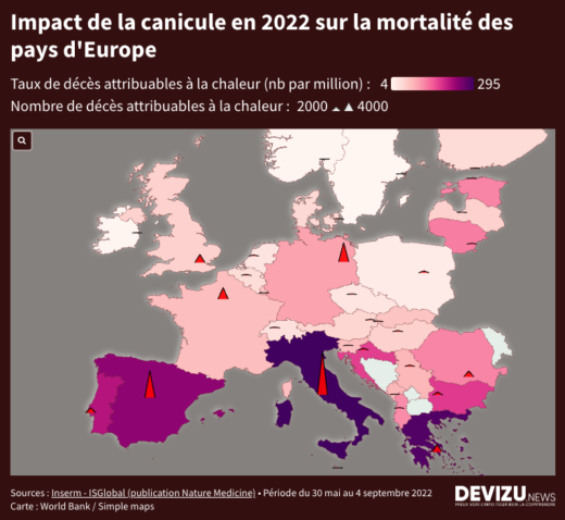 Carte mortalité canicule 2022 par pays en Europe