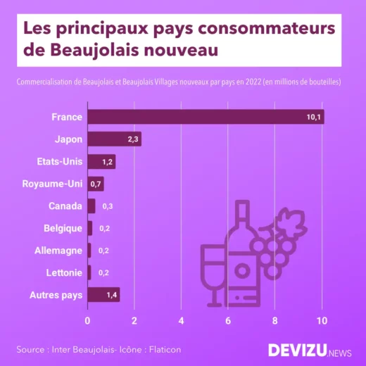 Répartition des ventes de beaujolais nouveau par pays en 2022