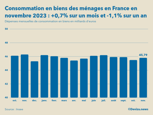 Evolution des dépenses mensuelles de consommation en biens des ménages en France sur un an en novembre 2023