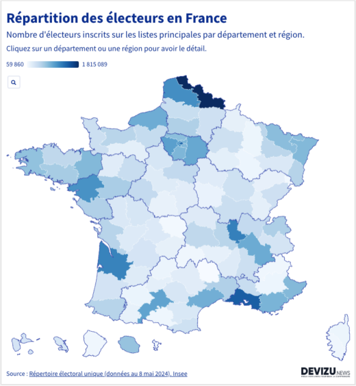 Carte répartition des électeurs en France par département pour les élections européennes