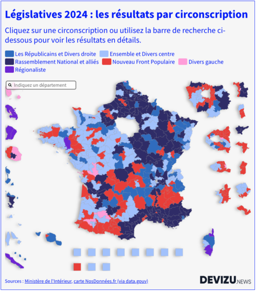 Elections législatives 2024 carte de France des résultats circonscription