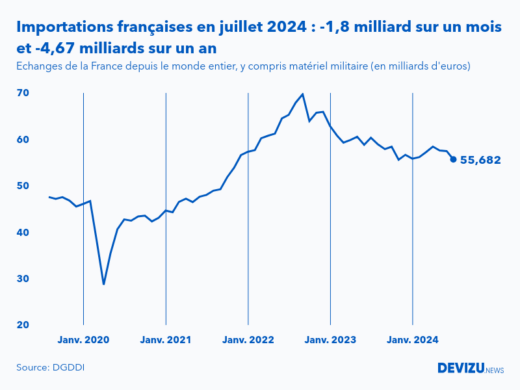 Evolution mensuelle des importations de la France depuis le monde entier à fin juillet 2024