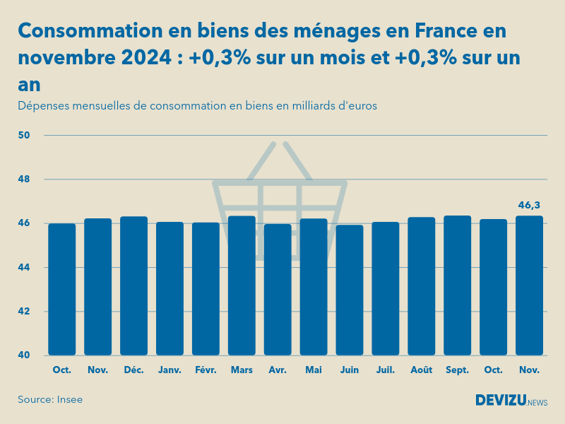 Evolution des dépenses mensuelles de consommation en biens des ménages en France sur un an en novembre 2024