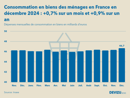 Evolution des dépenses mensuelles de consommation en biens des ménages en France sur un an en décembre 2024