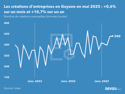 Evolution du nombre de créations mensuelles d'entreprises en Guyane à fin mai 2025