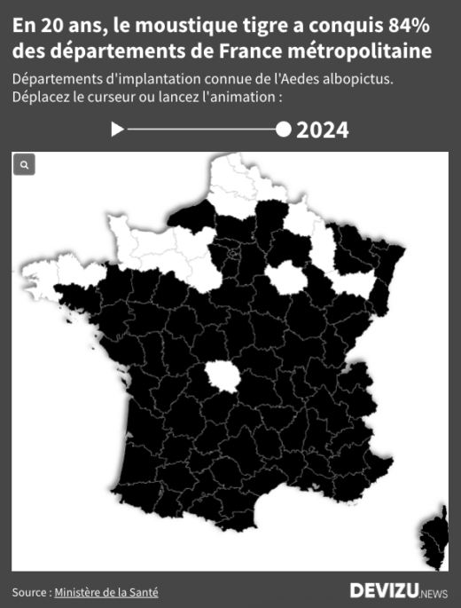 Evolution de l'implantation du moustique dans les départements de France métropolitaine entre 2004 et 2024 Carte animée