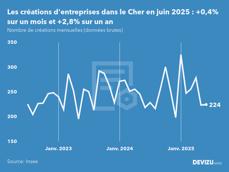 Evolution du nombre de créations mensuelles d'entreprises dans le Cher à fin juin 2025