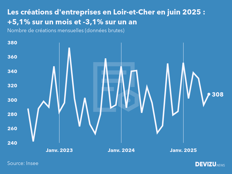 Evolution du nombre de créations mensuelles d'entreprises en Loir-et-Cher à fin juin 2025