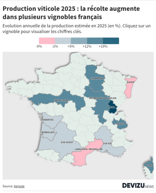 Evolution de la production viticole en France en 2025 par vignoble