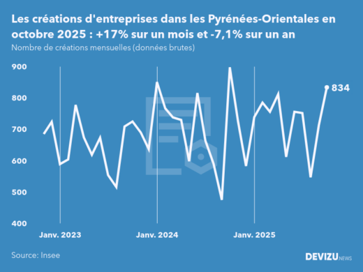 Evolution du nombre de créations mensuelles d'entreprises dans les Pyrénées-Orientales à fin octobre 2025
