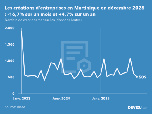 Evolution du nombre de créations mensuelles d'entreprises en Martinique à fin décembre 2025
