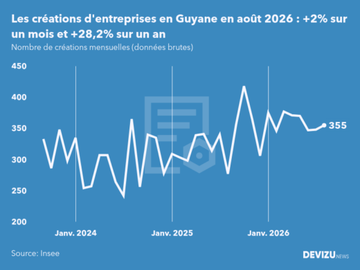 Evolution du nombre de créations mensuelles d'entreprises en Guyane à fin août 2026